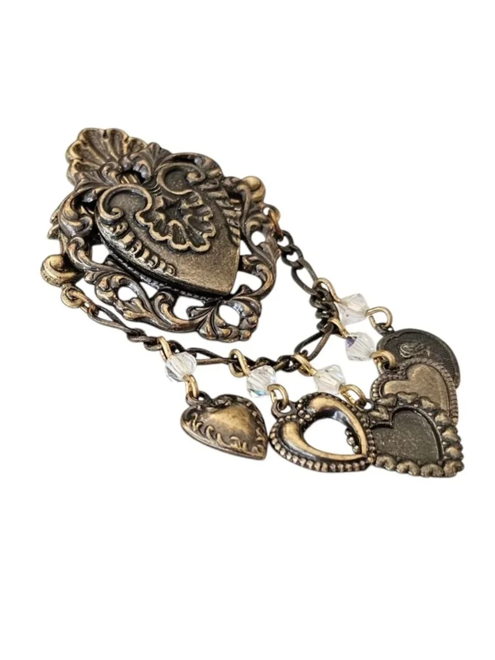 Heart Shield Pin Brass Chatelaine Style AB Rhinestone Dangle Lapel Tack, J24